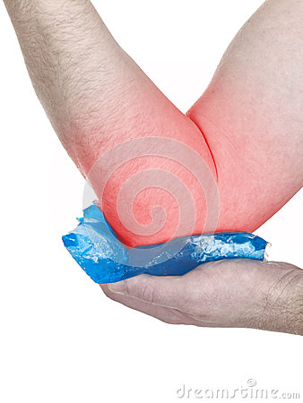 Male Holding Ice Gel Pack On Elbow Medical Concept Photo  Isolation On    