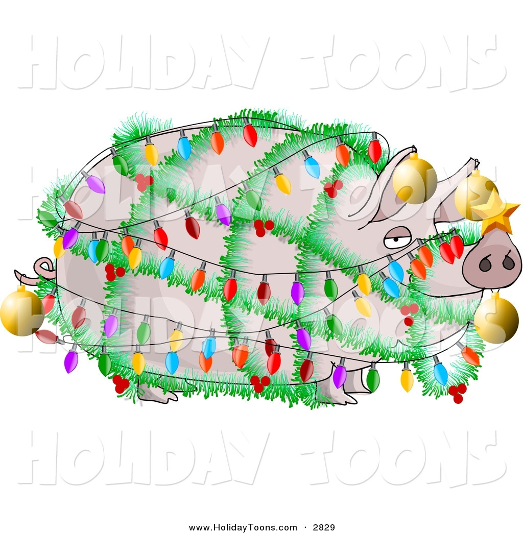 Pig Decorated With Christmas Lights And Ornaments   Xmas Ham Concept