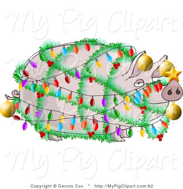 Swine Clipart Of A Funny Pig Wrapped Up In Christmas Lights And