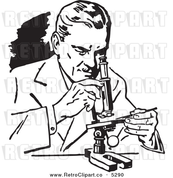 Vector Clipart Of A Black And White Retro Scientist Using Microscope    