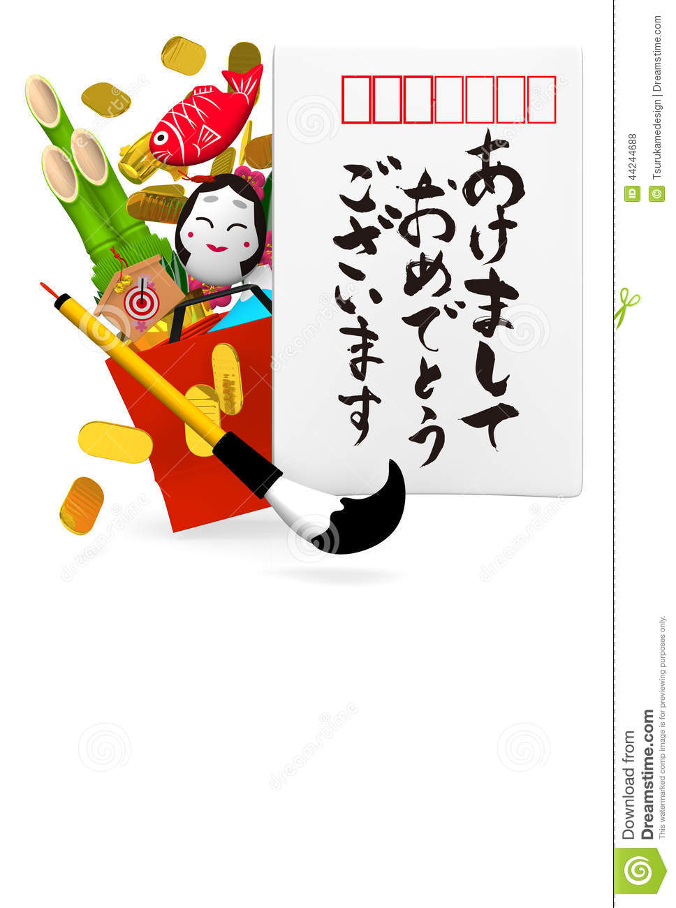 Years Day In Japanfor New Year Greeting Postcardisolated On White