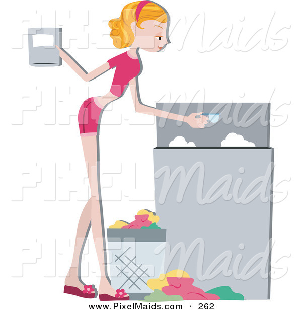 Clipart Of A Pretty Home Maker Pouring Detergent In A Washing Machine