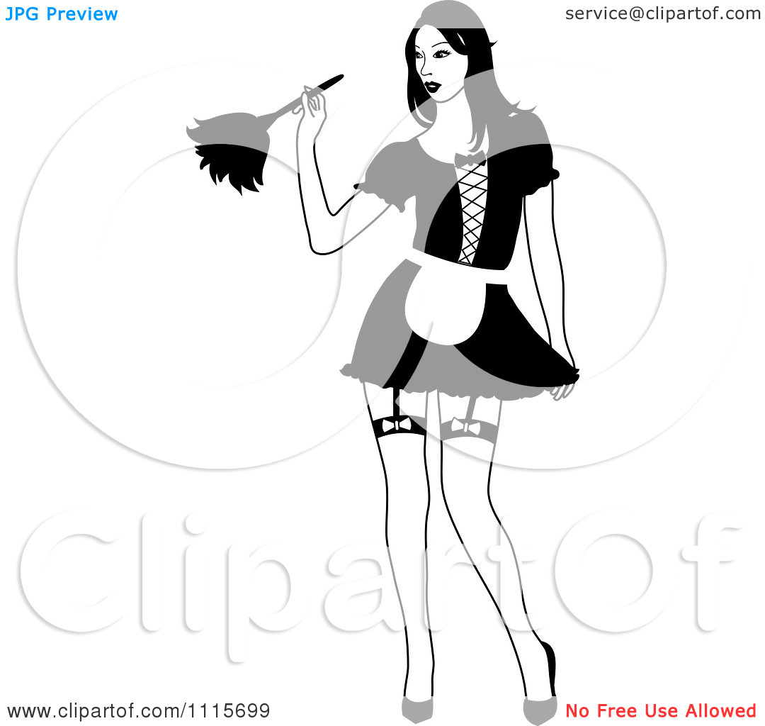 Clipart Sexy Black And White Dusting French Maid Wearing Garters