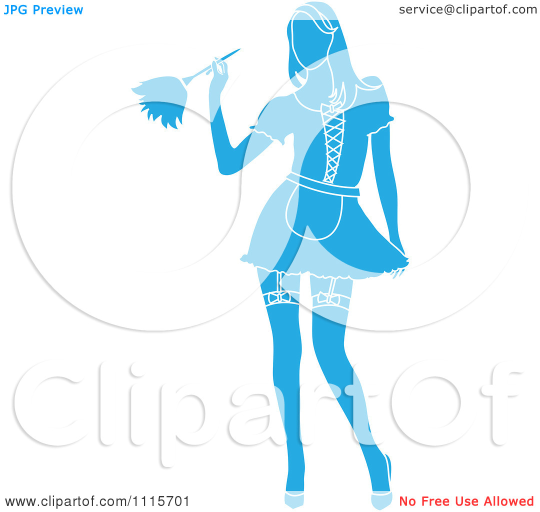 Clipart Sexy Blue Silhouetted Dusting French Maid Wearing Garters With