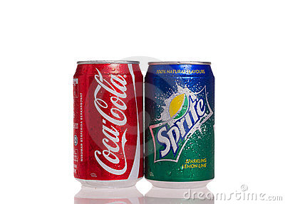 Coca Cola Sprite Cans With Reflection And Drops On White Background 