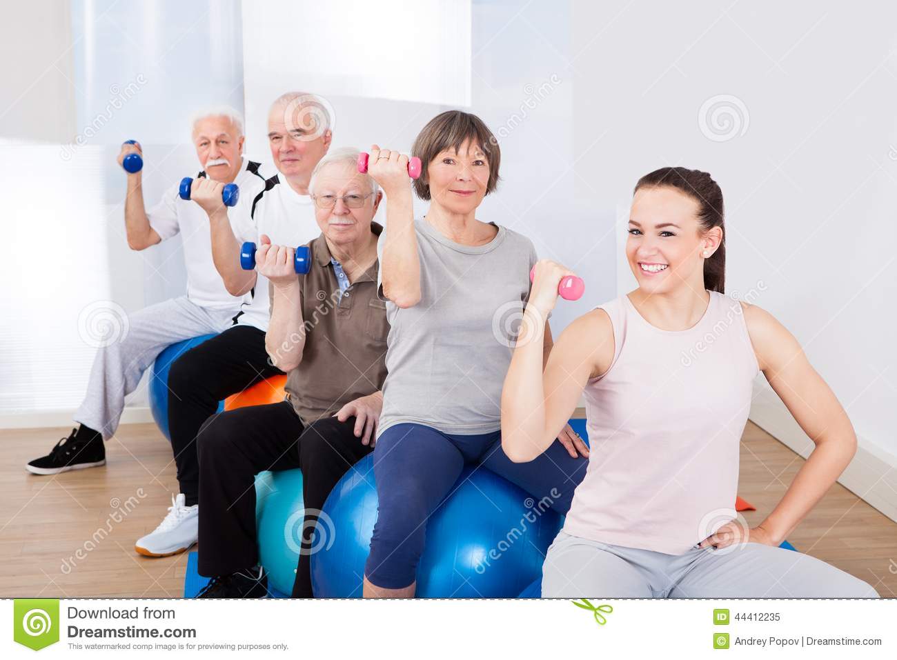 Customers Using Hand Weights While Sitting On Fitness Balls At Gym