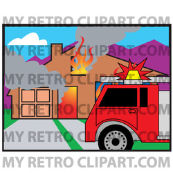 Fire Truck In Front Of A Burning House Clipart Illustration   Image