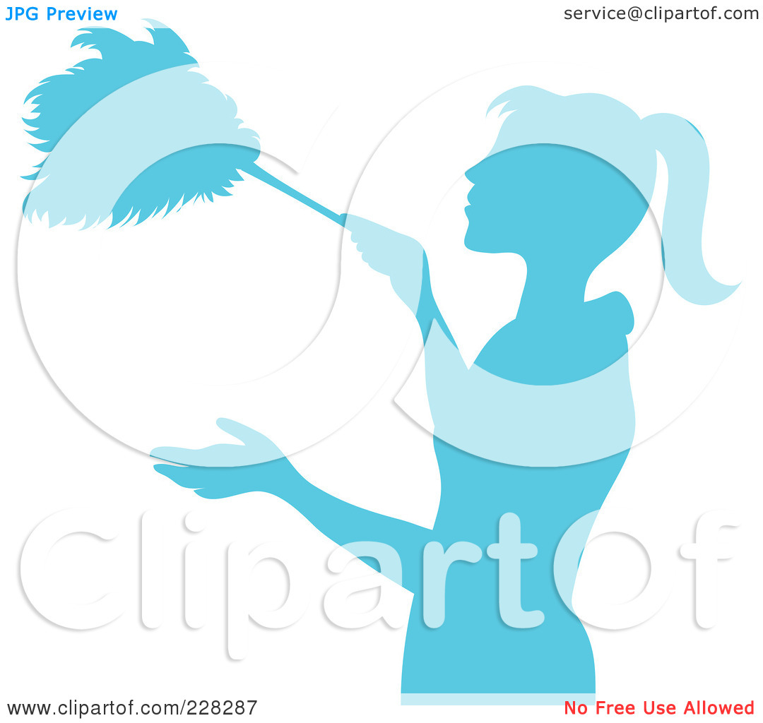 Free  Rf  Clipart Illustration Of A Blue Silhouetted Maid Dusting