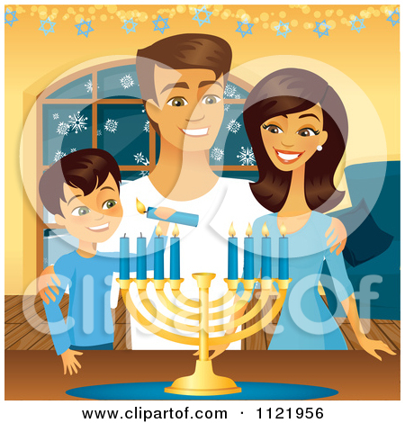 Happy Jewish Family Lighting Their Hanukkah Menorah Candles