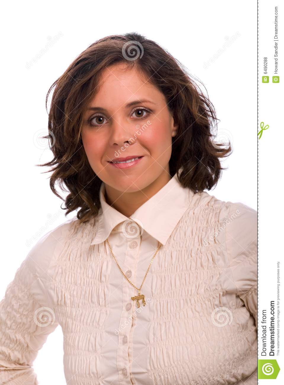 Smiling Woman Wearing Chai Chain Hebrew Letters Which Spell Life 