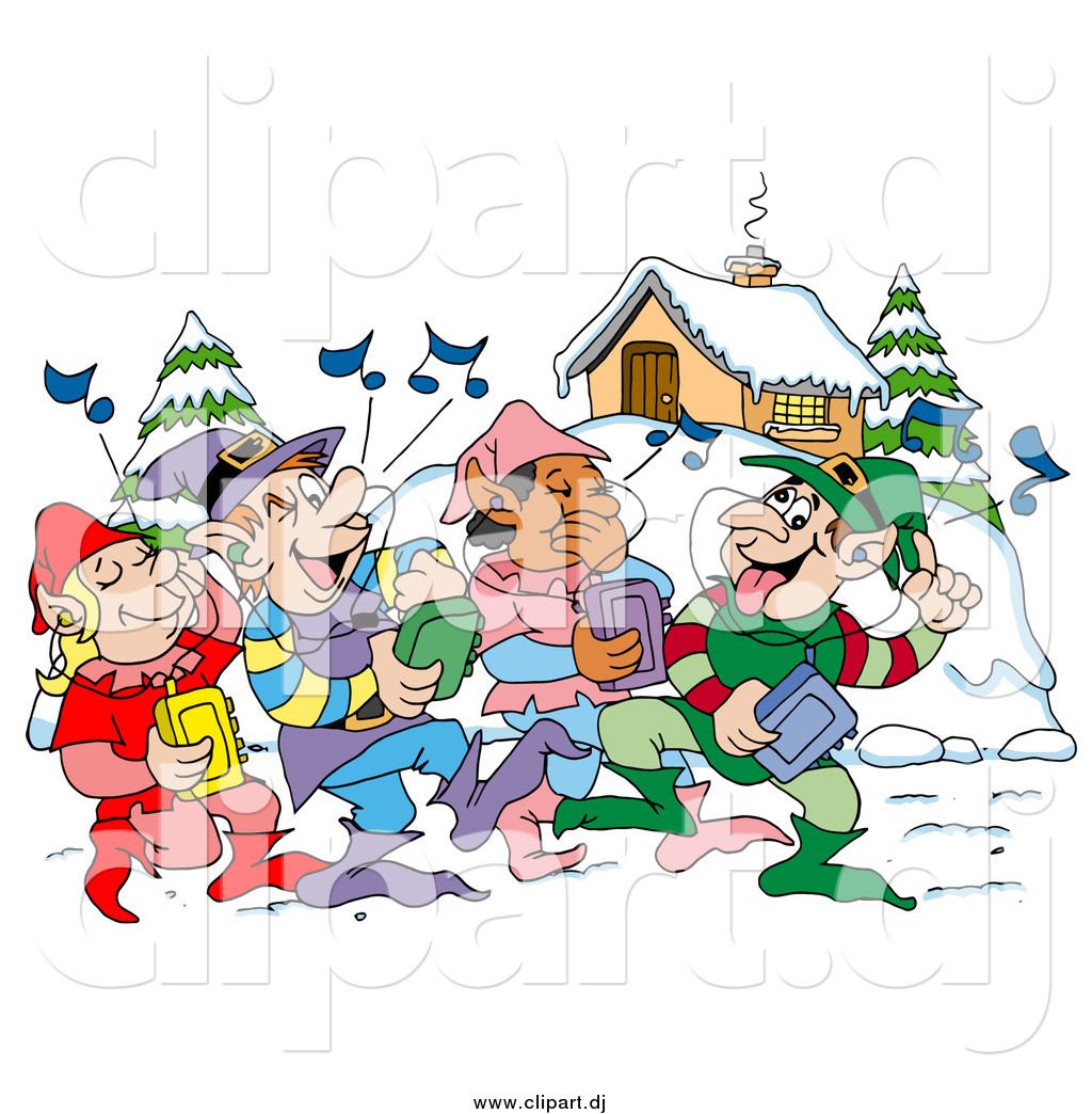 Vector Clipart Of Happy Elves Walking Through A Winter Village And    
