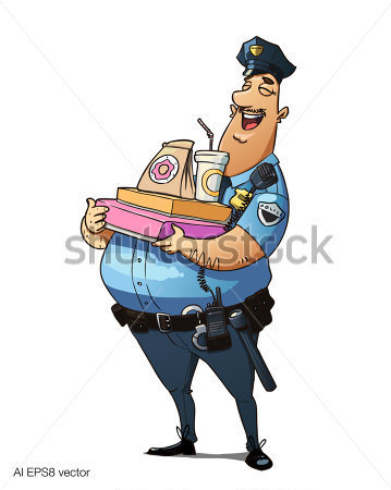 Glutton Police Officer With Donuts And Other Fast Happy Fat Policeman    