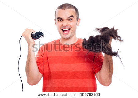 Bald Man Holding His Long Shaved Hair And Hair Trimmer Isolated