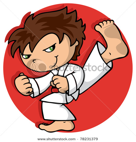 Cartoon Martial Arts Boy Exercising High Karate Kick Front