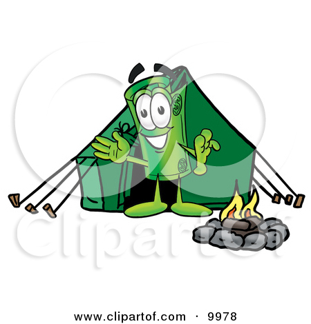 Clipart Picture Of A Rolled Money Mascot Cartoon Character Camping