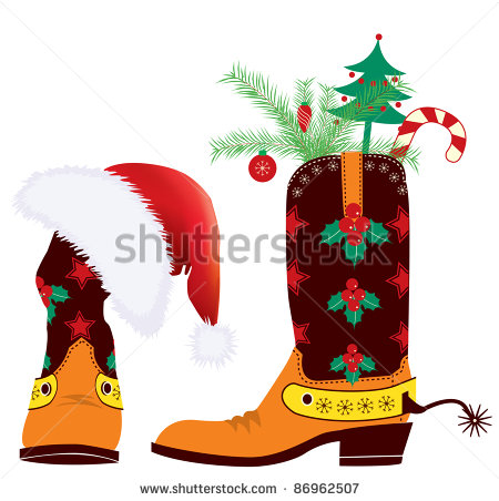 Cowboy Boots And Santa S Red Hat For Christmas Design   Stock Vector