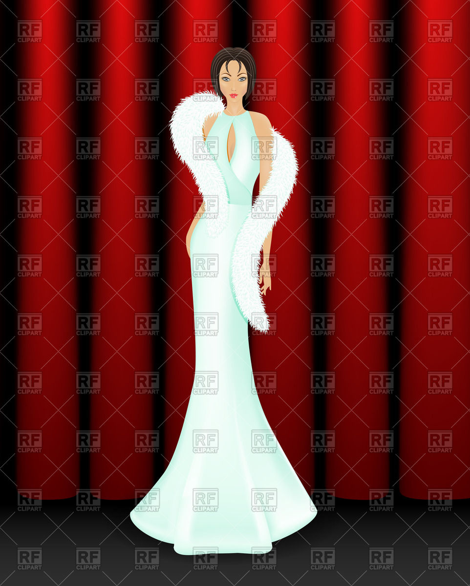 Elegant Woman In White Dress With Fur On Stage With Curtains Download