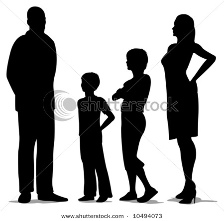 Family Of Four Standing Mother Father And Two Kids Silhouette