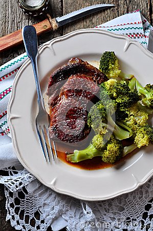 Grilled Ribeye Steak With Boiled Broccoli In Olive Oil And Sea Salt