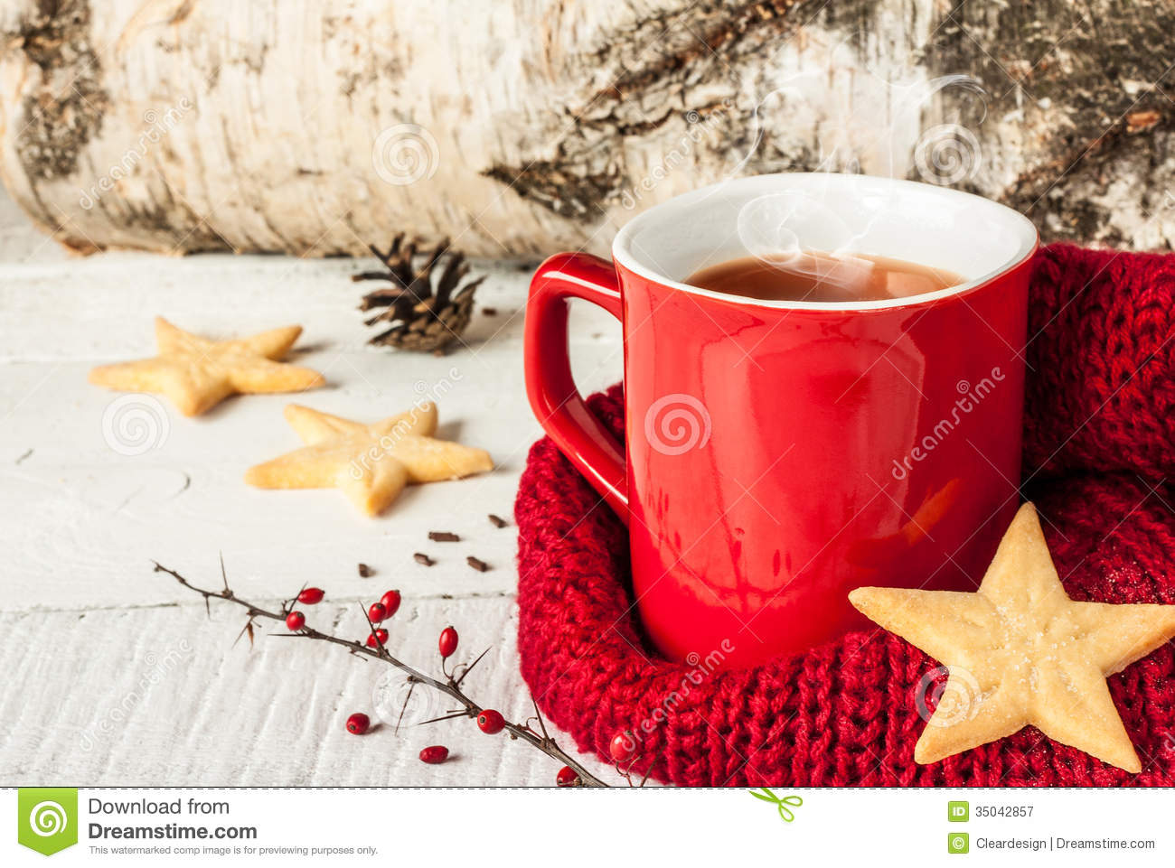 Hot Winter Tea In A Red Mug With Christmas Cookies Royalty Free Stock