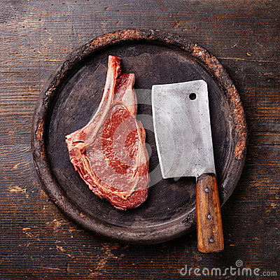 Raw Meat Ribeye Steak And Meat Cleaver Stock Photo   Image  41455981