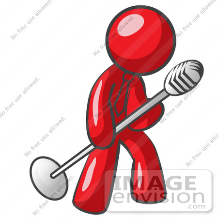 Royalty Free Clipart Of A Red Guy Character Singing Into A Microphone