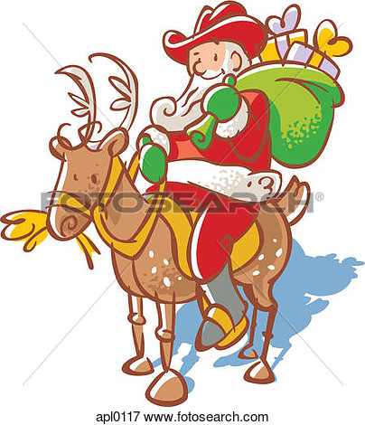 Santa Claus In A Cowboy Hat With A Sack Of Toys Riding A Reindeer View    
