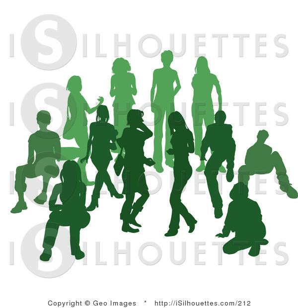 Silhouette Clipart Of A Green Group Of Silhouetted People Standing In
