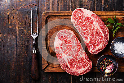 Two Raw Fresh Marbled Meat Black Angus Steak Ribeye Seasonings And