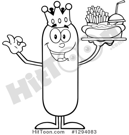 Cartoon Black And White Happy Sausage King Character Holding A Hot Dog    
