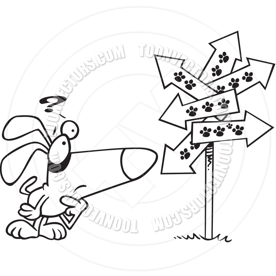 Cartoon Dog Confused By Paw Prints Sign  Black And White Line Art  By
