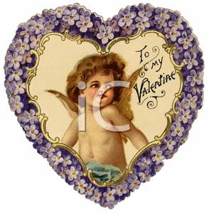     Cupid On A Heart Valentine With Violets   Royalty Free Clipart Picture