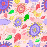 Seamless Violet Pink Pattern With Birds Flowers And Leaves  Stock