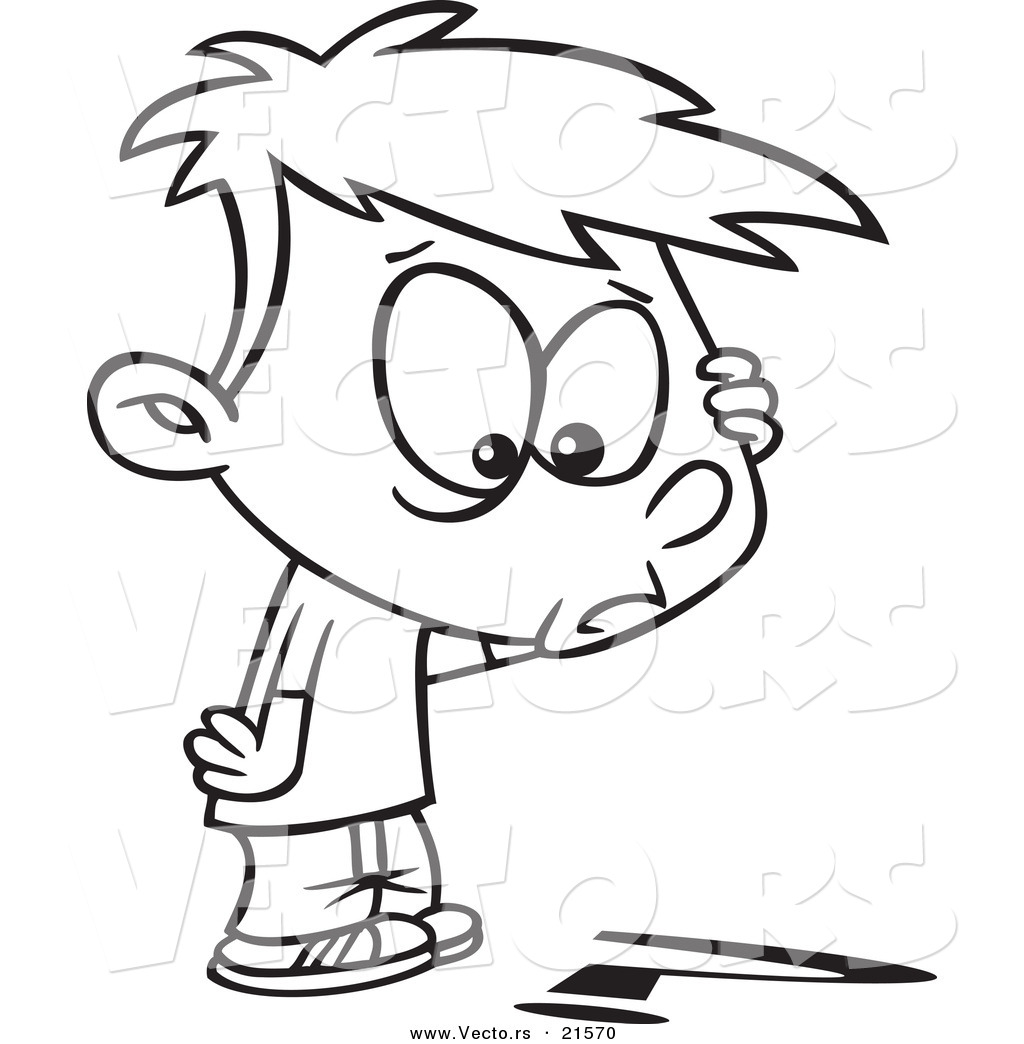 Vector Of A Cartoon Confused Boy Looking Down At A Question Mark