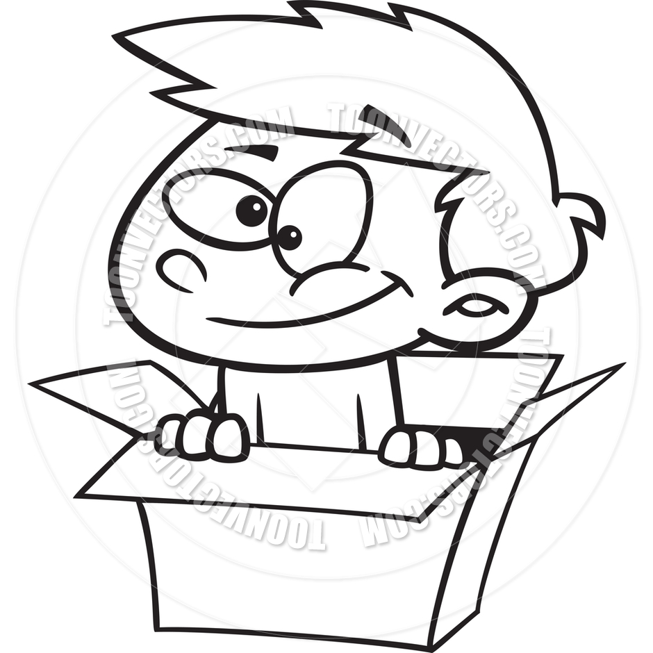Cartoon Boy In A Box  Black And White Line Art  By Ron Leishman   Toon    