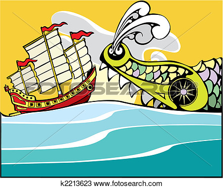 Chinese Junk And Sea Monster  View Large Clip Art Graphic