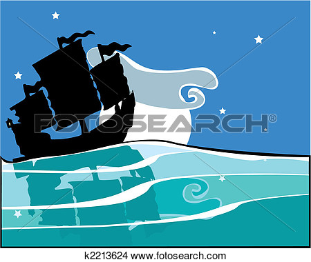 Chinese Junk At Night View Large Clip Art Graphic