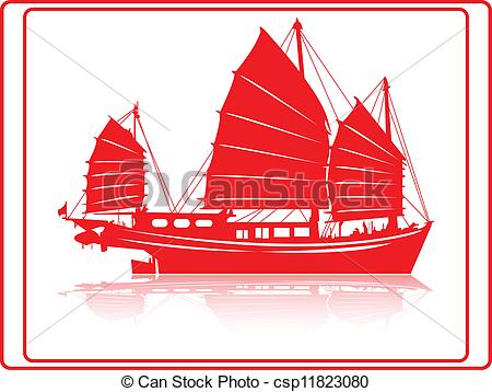 Chinese Junk Boat In Red Silhouette