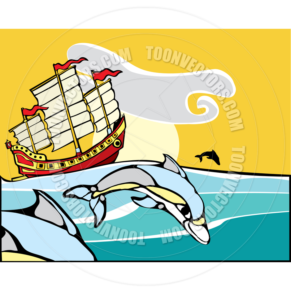 Chinese Junk With Dolphins  By Xochicalco   Toon Vectors Eps  28134