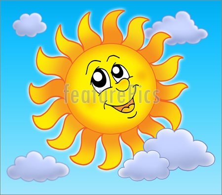 Of A Happy Summer Sun Smiling Behind A Cloud In A Blue Sky By Hit Toon