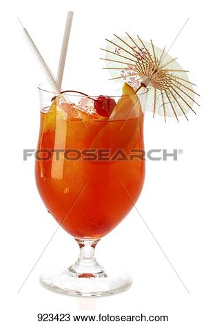 Stock Photo   Fruit Cocktail In Cocktail Glass With Straws And Parasol
