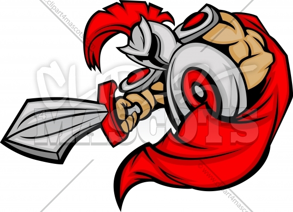 Trojan Mascot Body With Sword And Shield Cartoon Vector Illustration