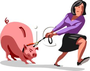 Woman Struggling With Her Piggy Bank   Royalty Free Clipart Picture