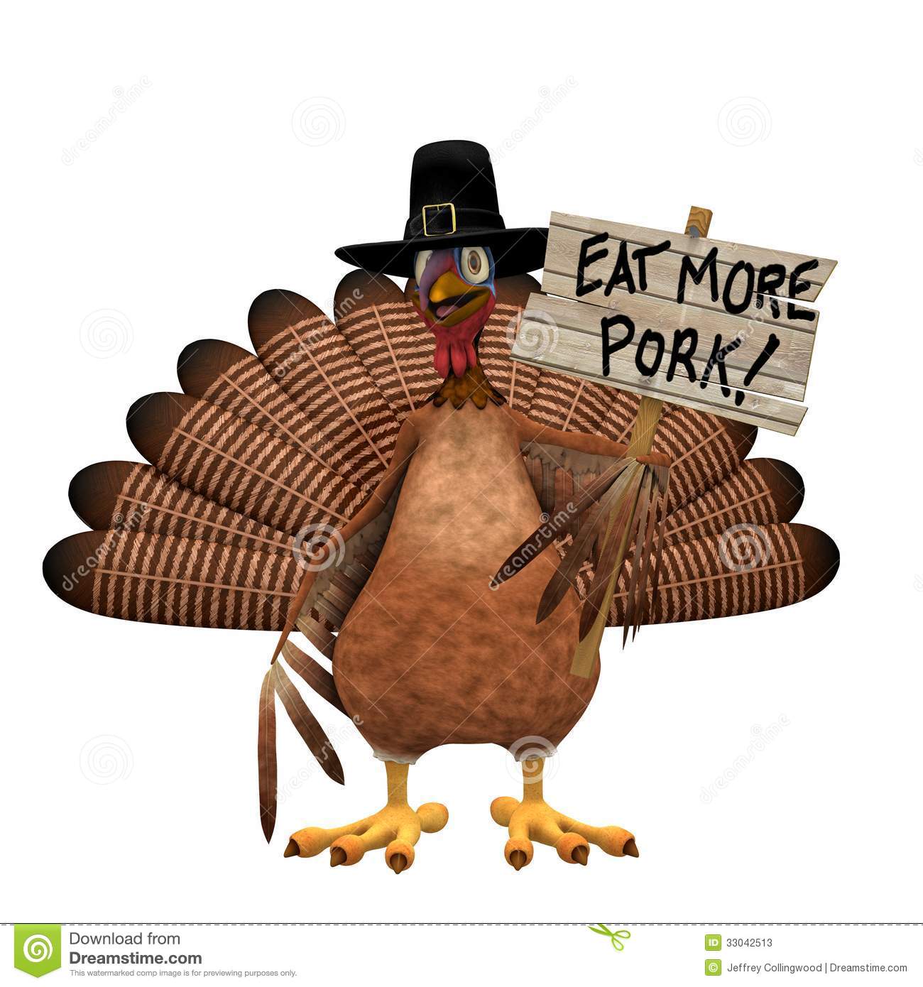 Eat More Pork Sign  Turkey Dressed As In A Pilgrim Hat Holding An Eat