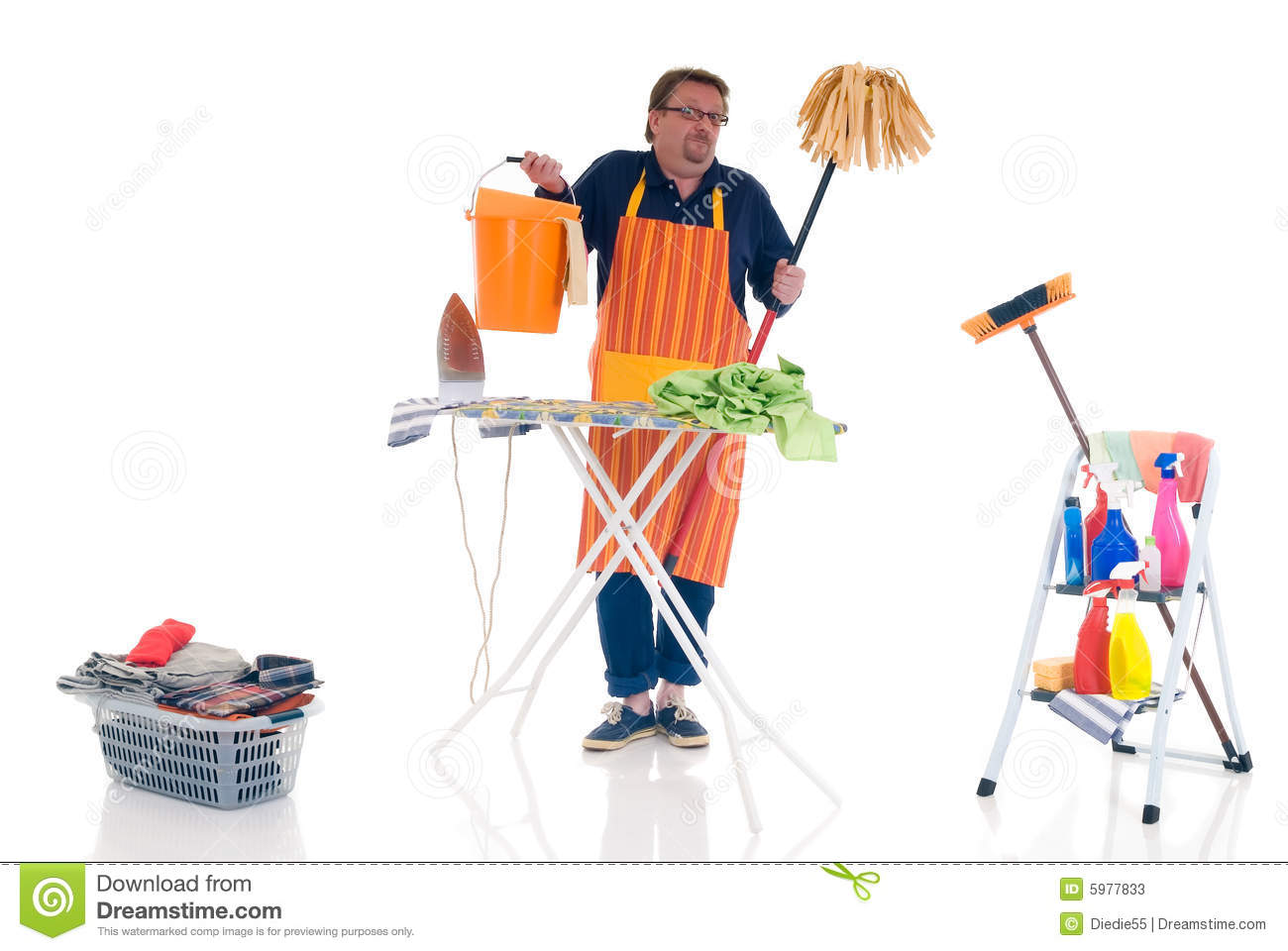 Houseman With Cleansing Tools Doing Household Cleaning And Ironing 