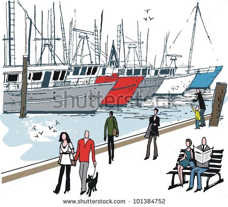 Ink Illustration Of People Walking Alongside Boat Harbor   Stock Photo
