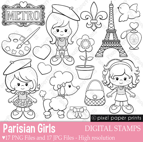Parisian Girls   Digital Stamps   Paris Clipart   Line Art