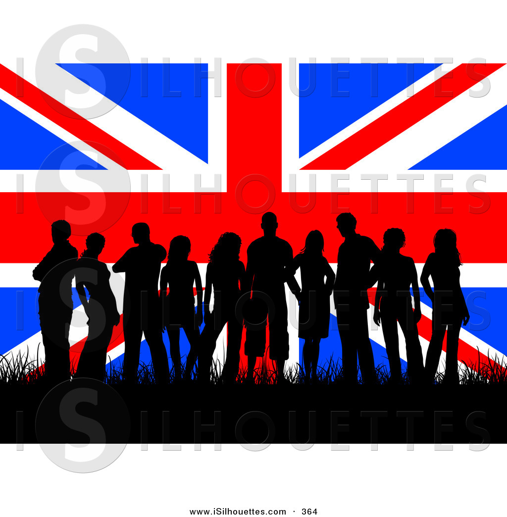 Group Of Many British Teenagers Silhouetted And Standing In Grass