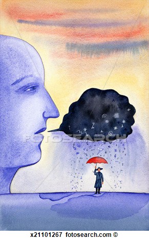 Human Head Breathing Out Storm Cloud  Person Standing With Umbrella