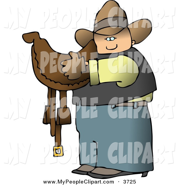 Clip Art Of A White Cowboy Carrying A Brown Leather Horse Saddle    